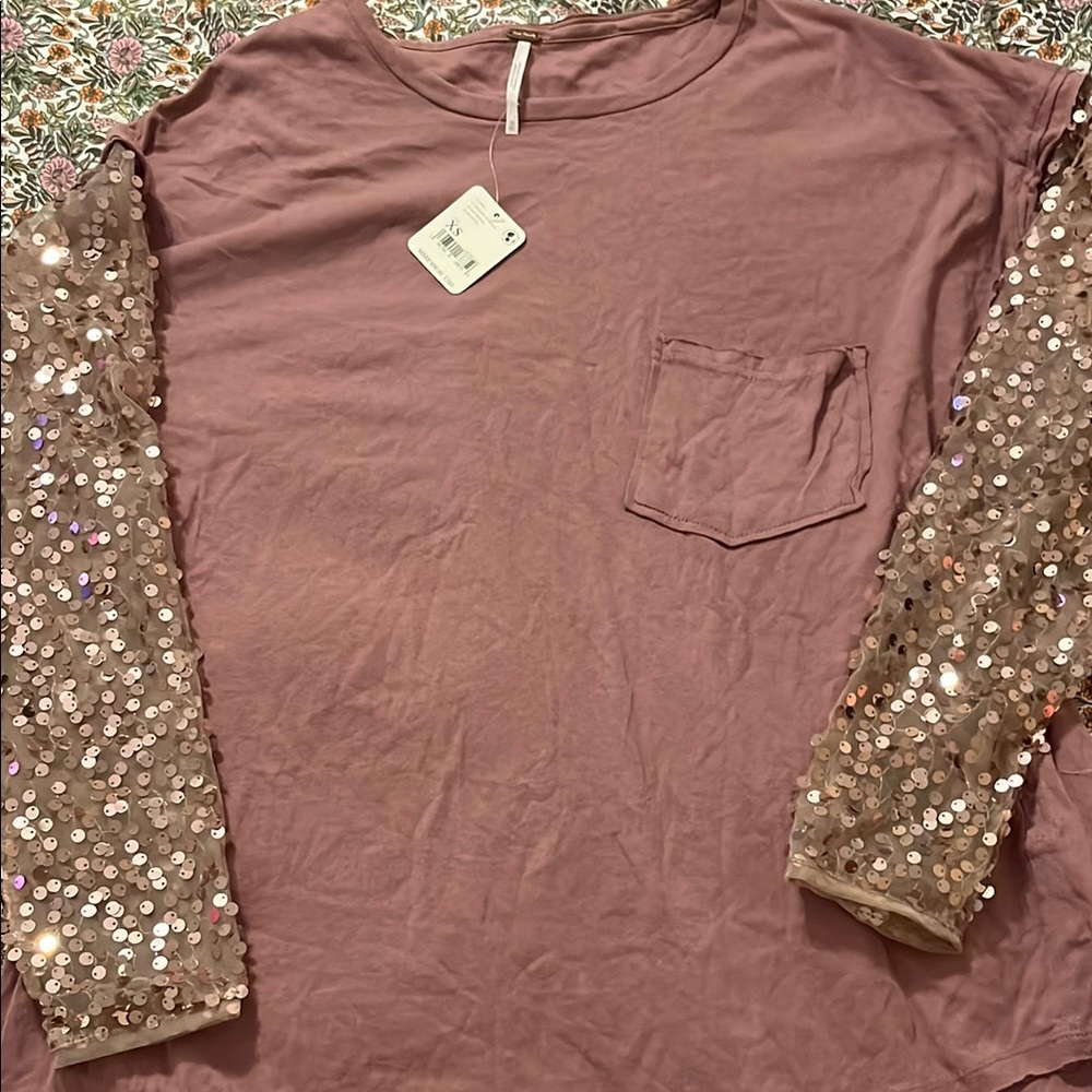 Free People Mauve sequin sleeve shirt